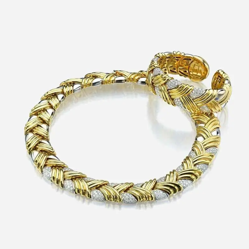 talian 18K yellow and white gold braided necklace with pavé diamond sections, matching semi-flexible cuff bracelet, two-tone suite