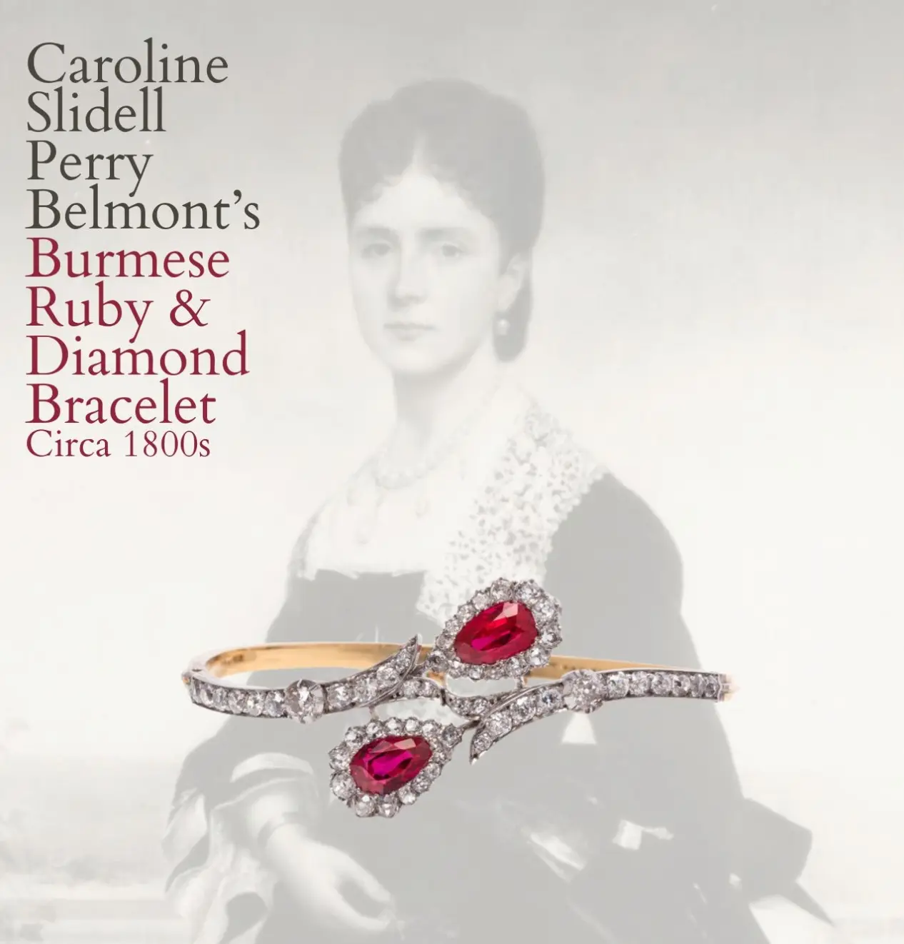 Antique 18th-century bracelet with two pear-shaped no-heat Burmese rubies haloed by old mine-cut diamonds, platinum-topped 18K gold