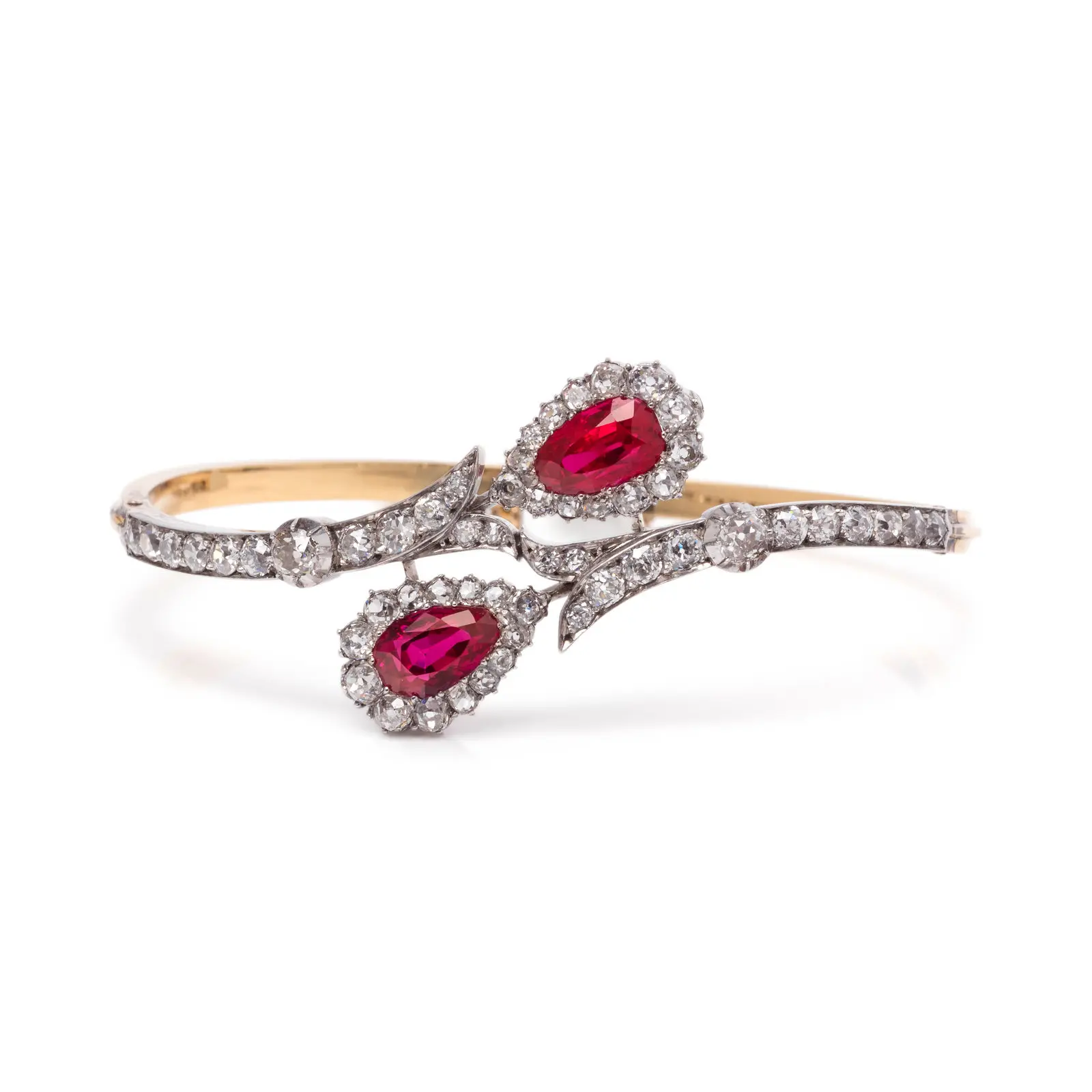 Antique 18th-century bracelet with two pear-shaped no-heat Burmese rubies haloed by old mine-cut diamonds, platinum-topped 18K gold