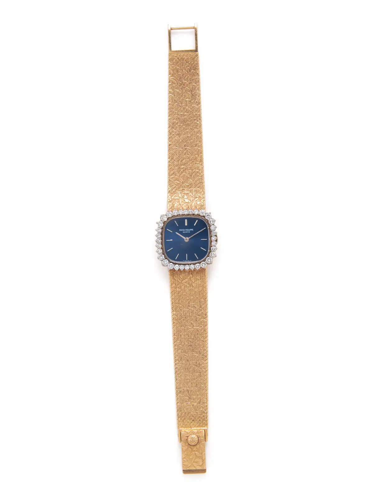 Front view of Patek Philippe ref. 4181/1 manual-wind wristwatch in 18K yellow gold with blue dial and diamond-set bezel