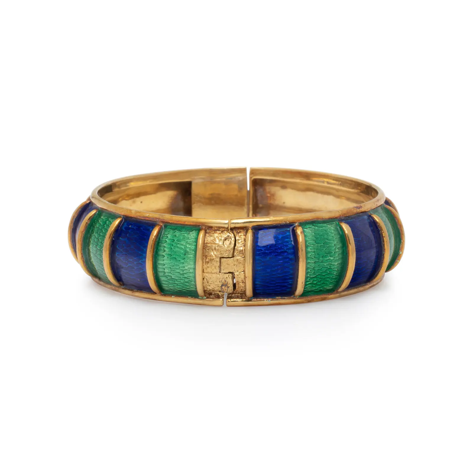 Signed Cellino 18K yellow gold hinged bangle with alternating blue and green enamel panels, 17 mm wide, 6½-inch inner circumference.